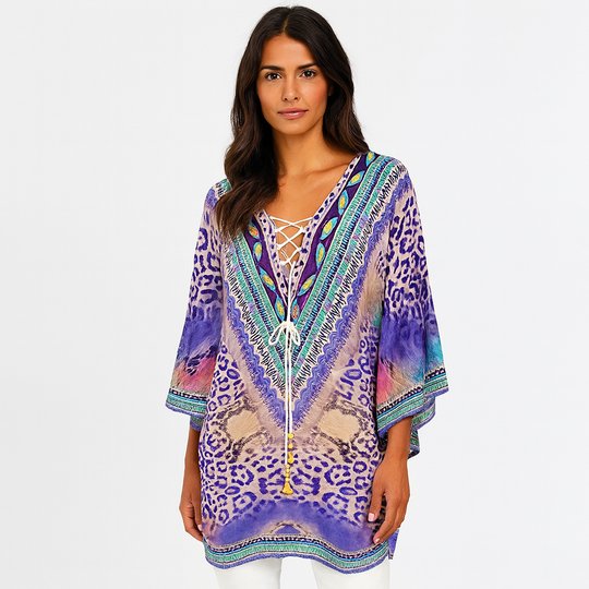 Lilac Kyra 100% Viscose Silk Embellished Tunic Top-AU 10-20
