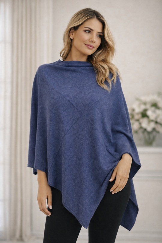 Denim Blue Julian 100% Cashmere Knitted Poncho