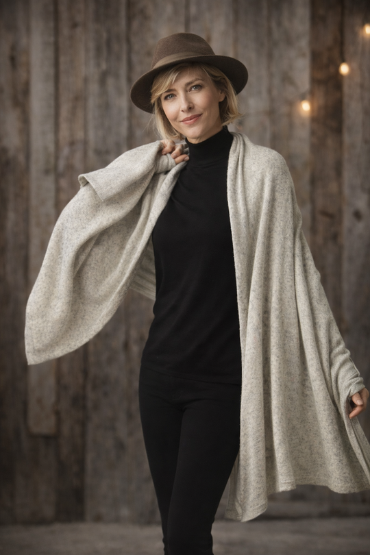 Ivory Grainy 100% Cashmere Knitted Julian Travel Wrap/ Scarf