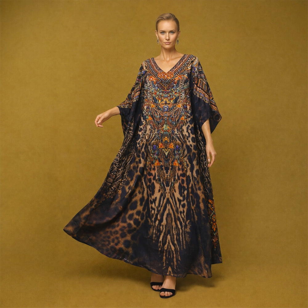 Black Maya Silk Mix Bling Kaftan.         Sizes Available AU 12-32