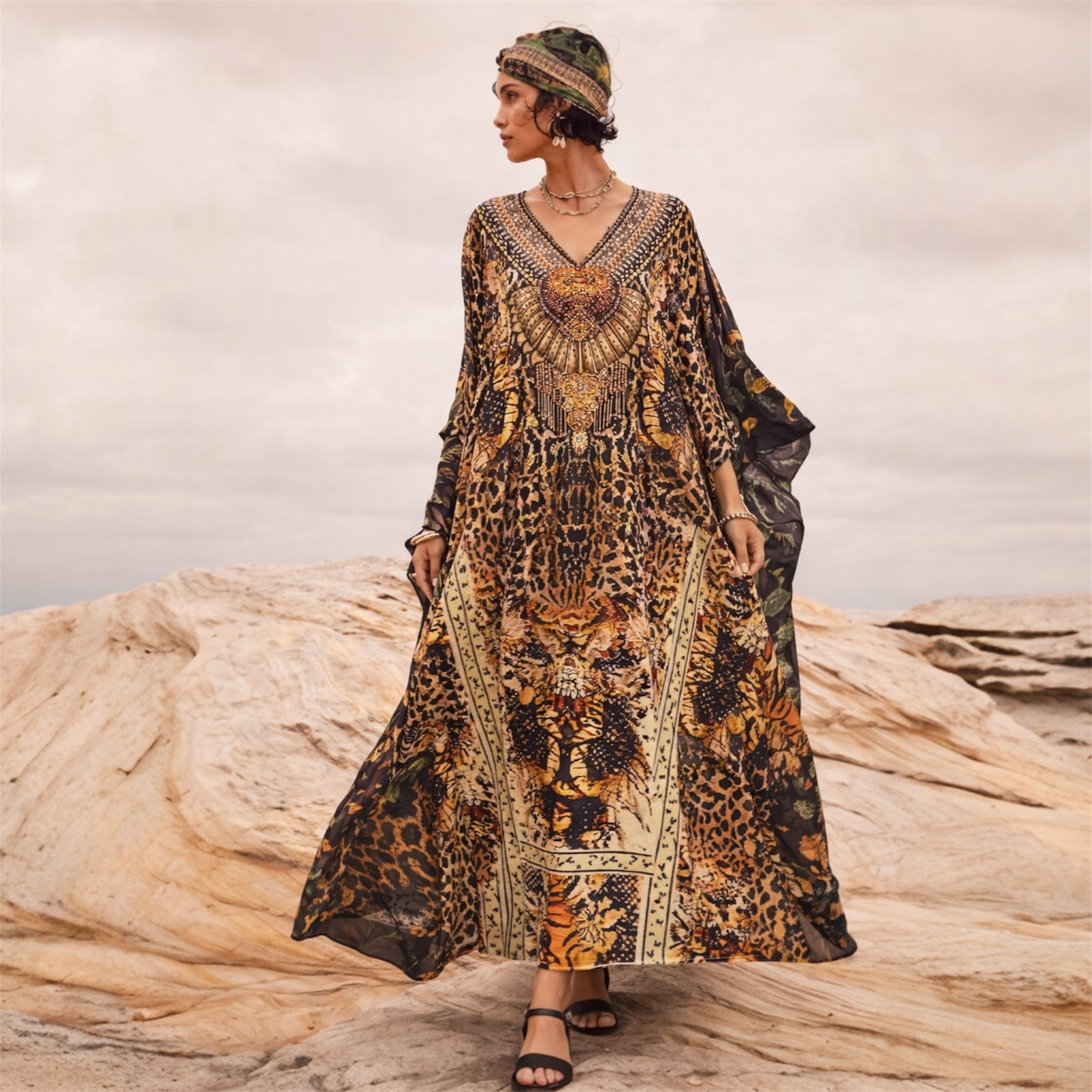 Brown Royals Maya Silk Mix Bling Kaftan. Sizes Available AU 16-30