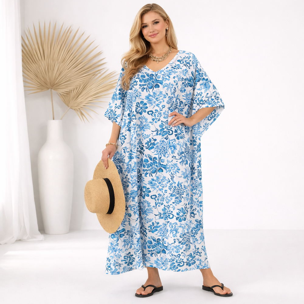 Maya Tropical White Rayon  Kaftan Dress O/S AU 12-22