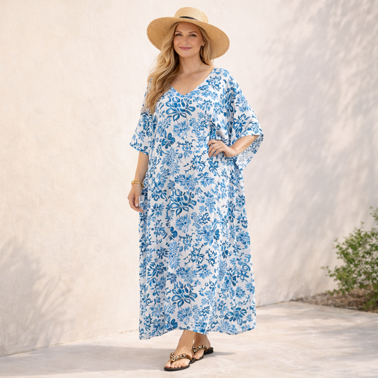 Maya Tropical White Rayon  Kaftan Dress O/S AU 12-22