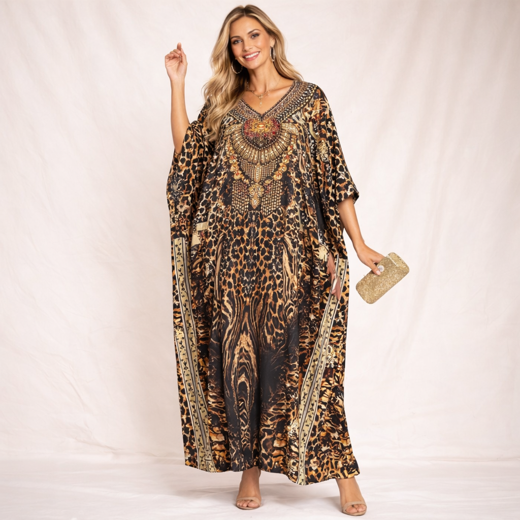 Brown Royals Maya Silk Mix Bling Kaftan. Sizes Available AU 16-30