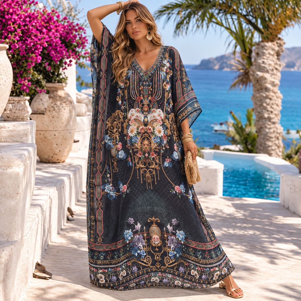 Black Maya Mix Silk Embellished Bling Kaftan.            Sizes Available AU 12-32
