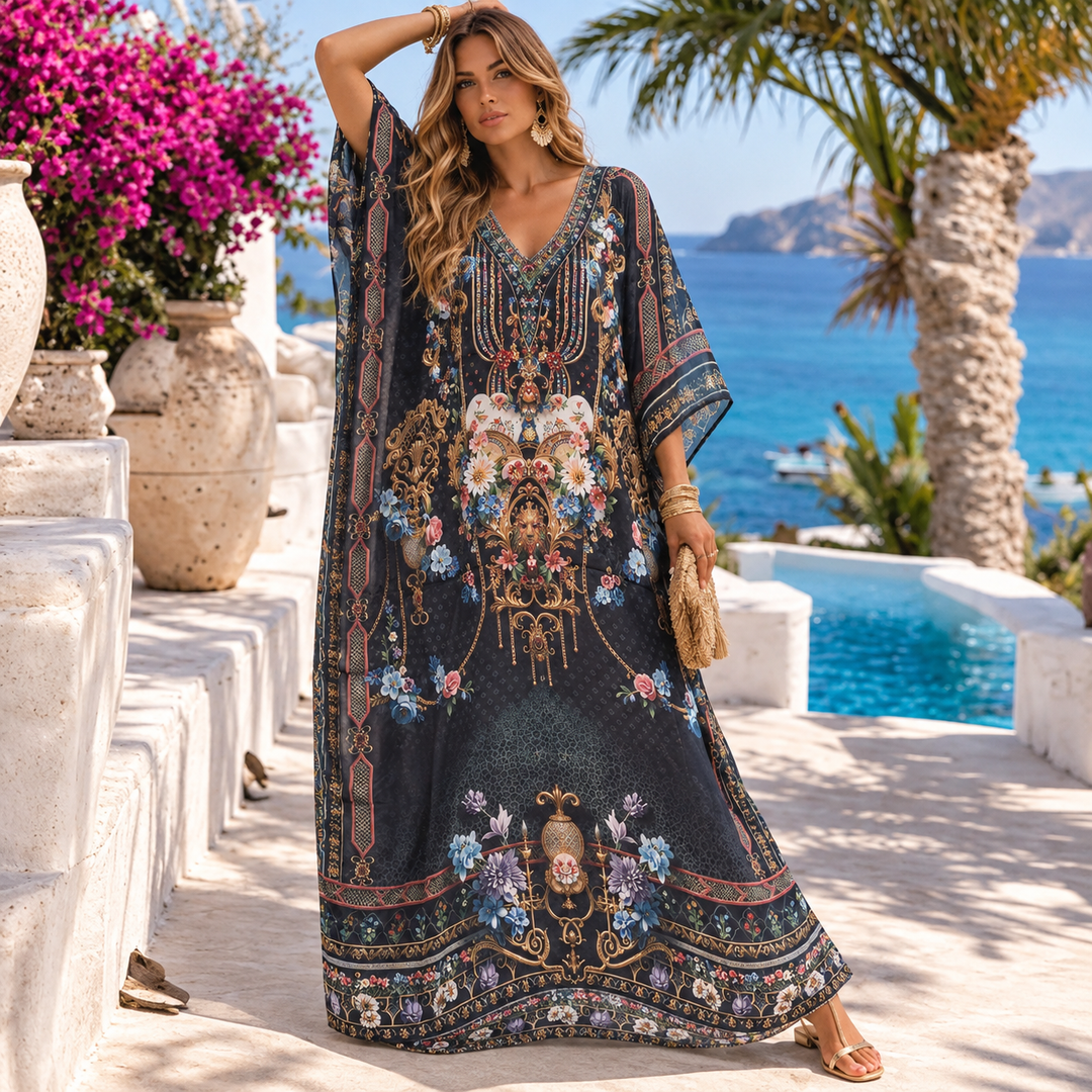Black Maya Mix Silk Embellished Bling Kaftan.            Sizes Available AU 12-32