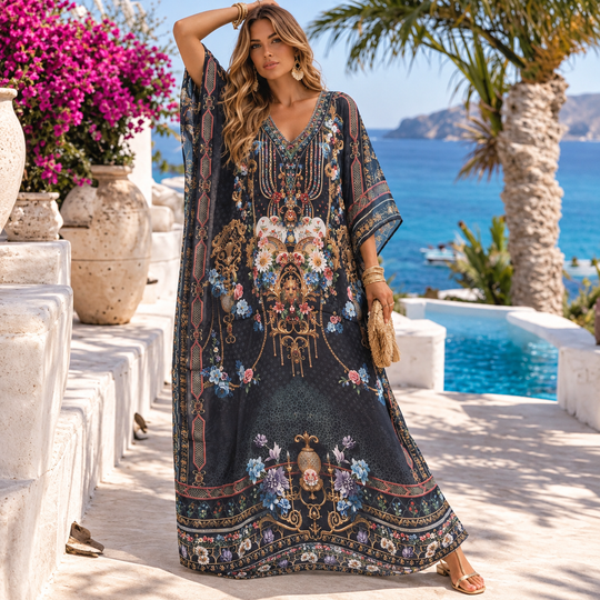 Black Maya Mix Silk Embellished Bling Kaftan.            Sizes Available AU 12-32