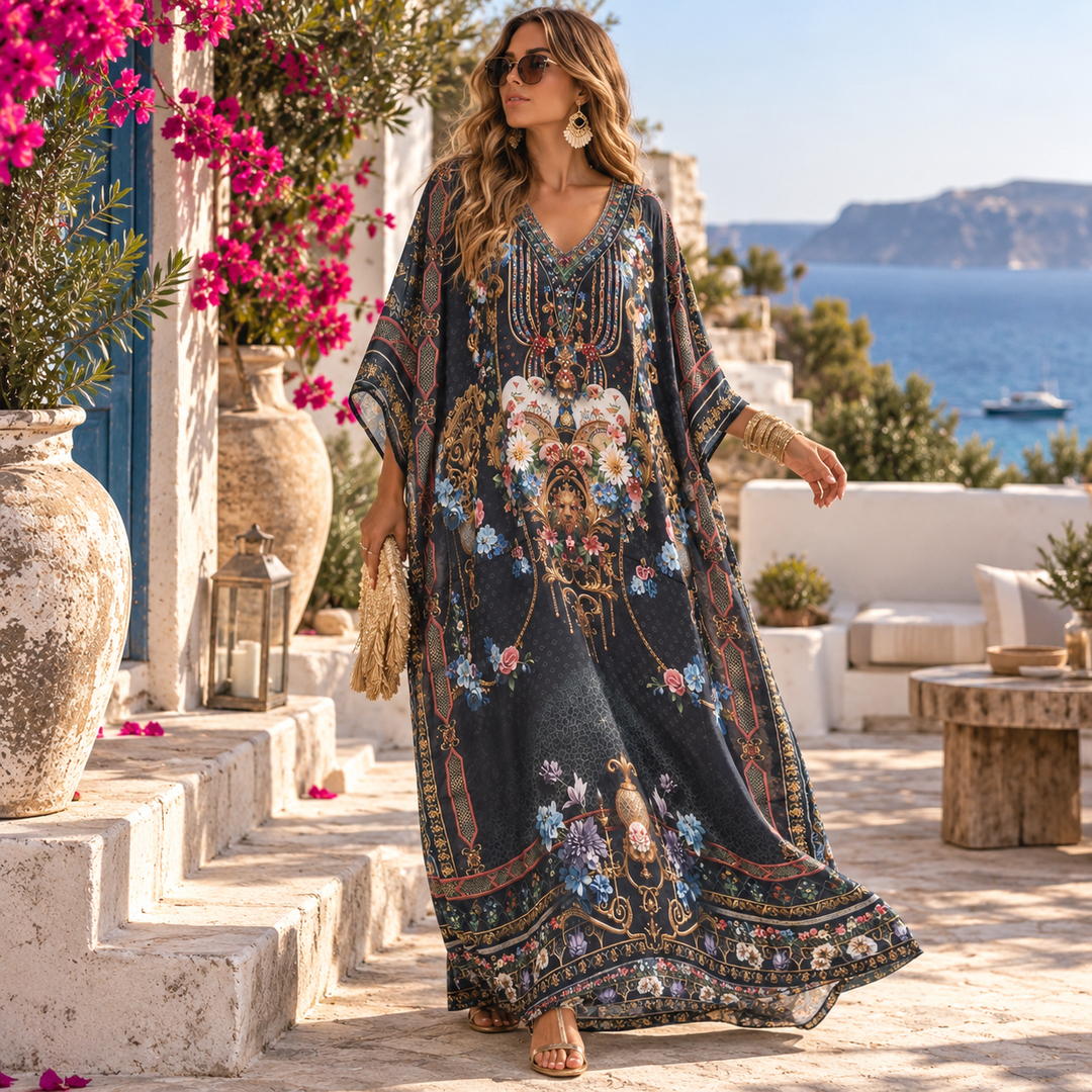 Black Maya Mix Silk Embellished Bling Kaftan.            Sizes Available AU 12-32