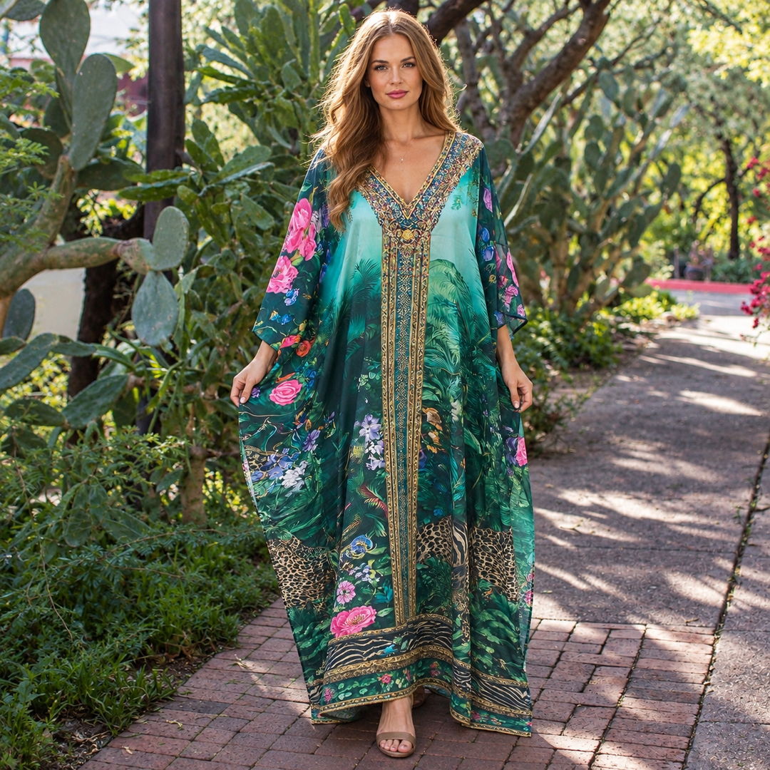 Secret Garden Maya Mix Silk Embellished Bling Kaftan.            Sizes Available AU 12-32