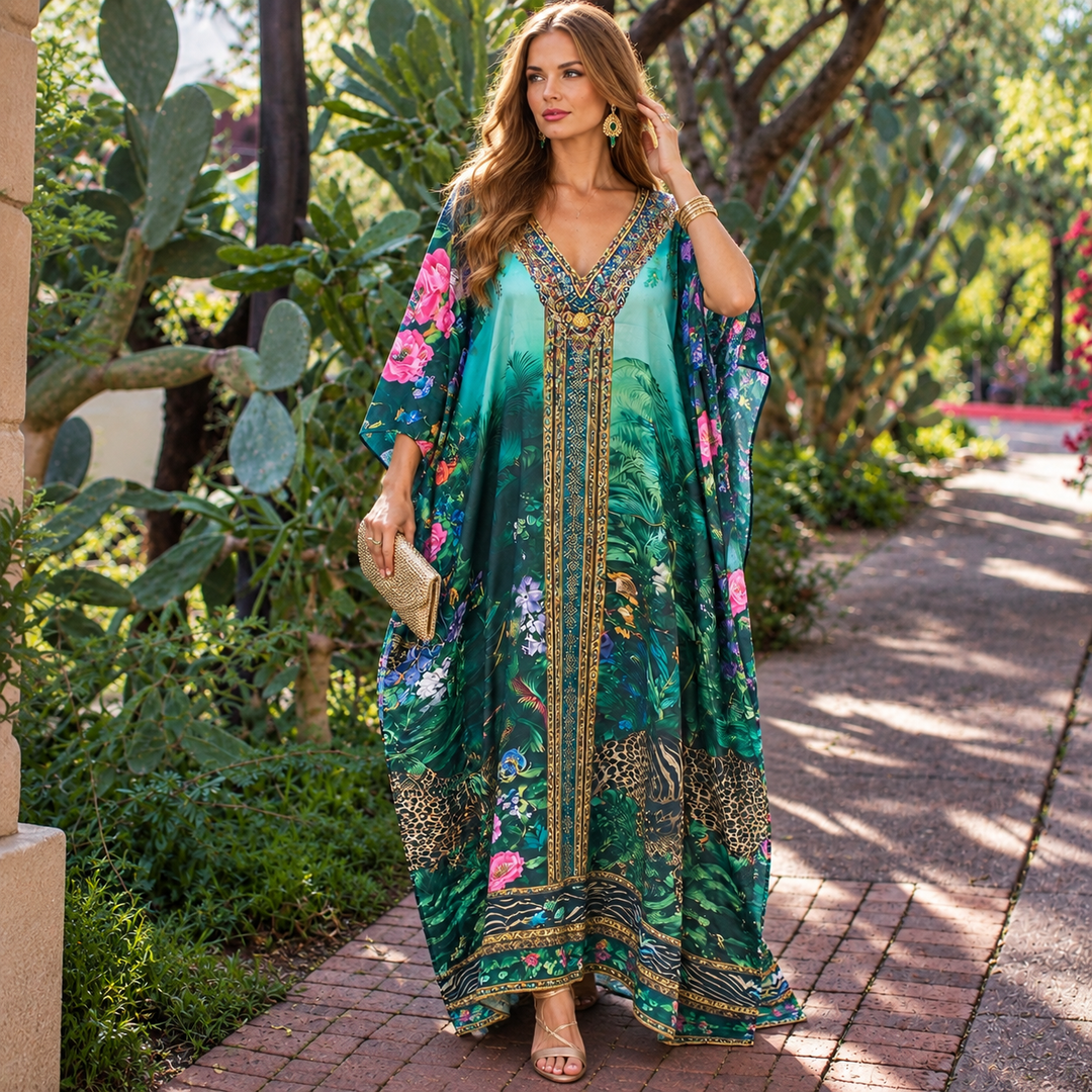 Secret Garden Maya Mix Silk Embellished Bling Kaftan.            Sizes Available AU 12-32