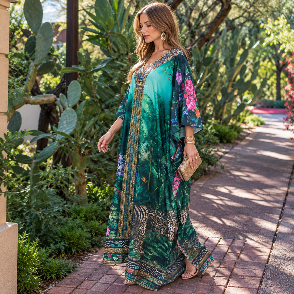 Secret Garden Maya Mix Silk Embellished Bling Kaftan.            Sizes Available AU 12-32