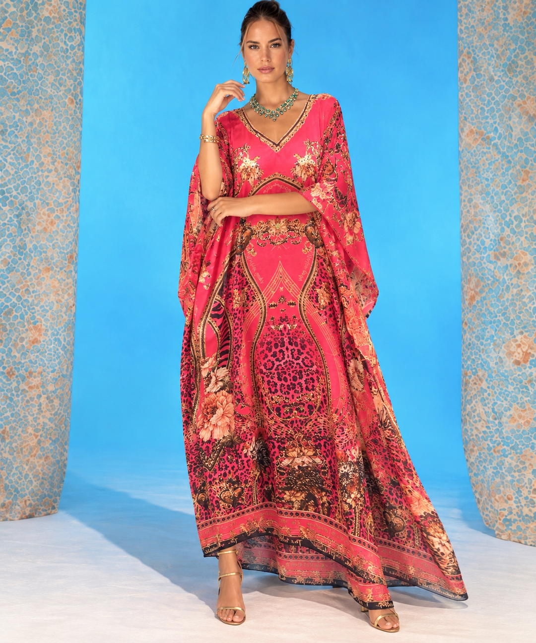 Amalfi Long Maya Mix Silk Embellished Bling Kaftan.            Sizes Available AU 12-32