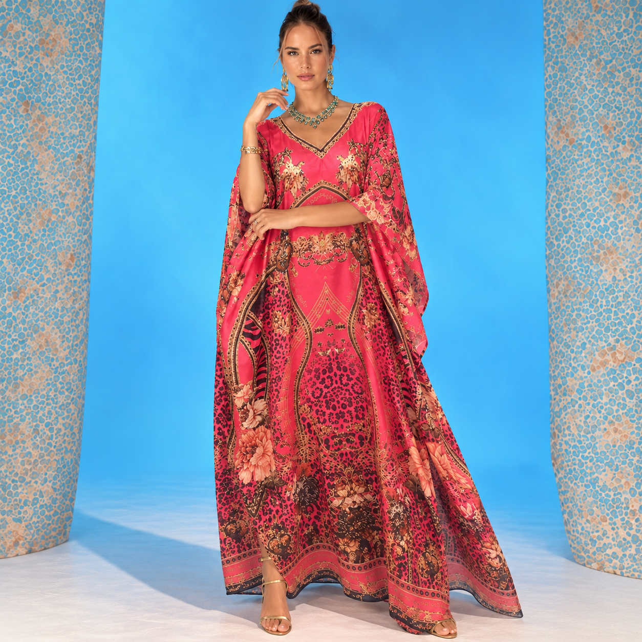 Amalfi Long Maya Mix Silk Embellished Bling Kaftan.            Sizes Available AU 12-32