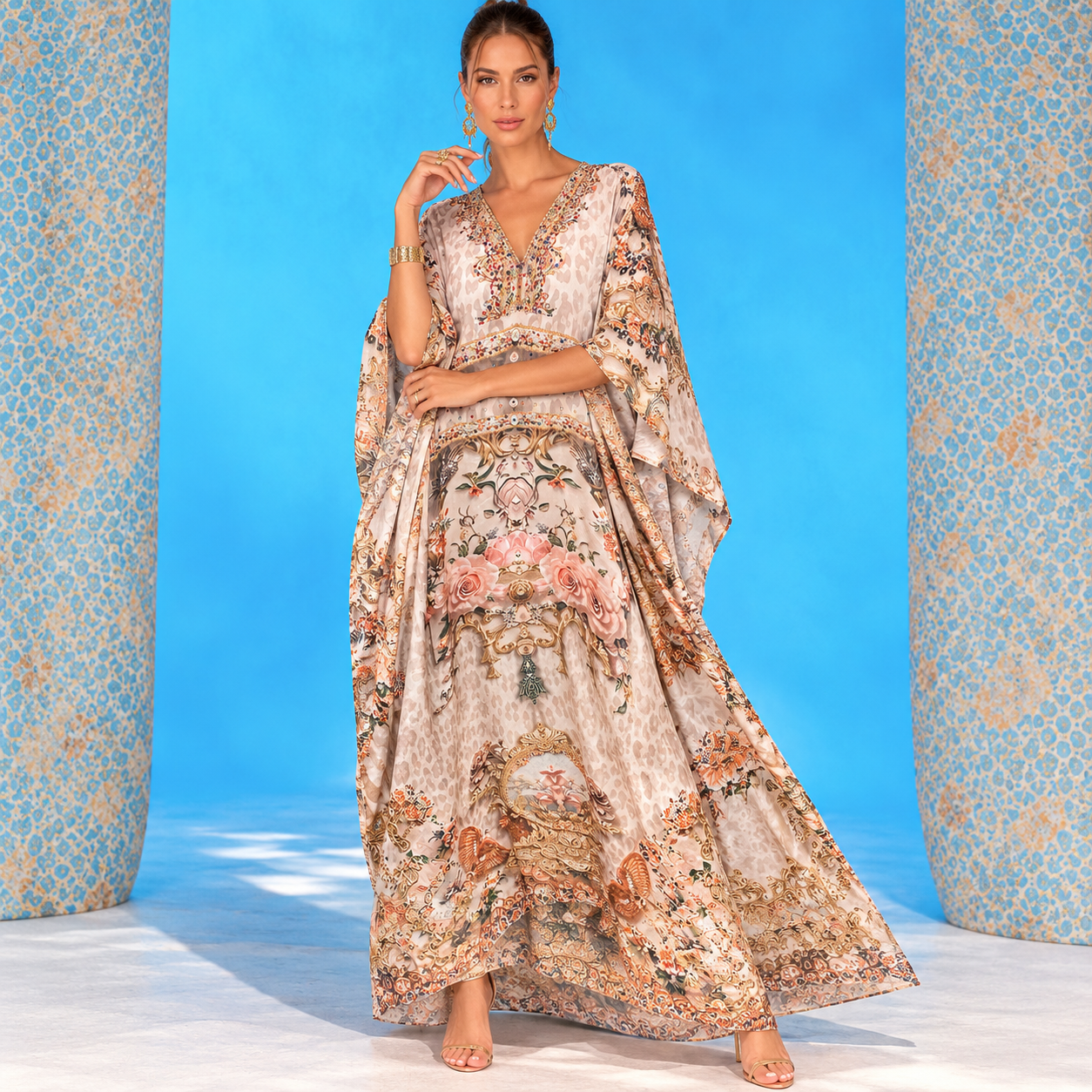 Blush Sera Maya Mix Silk Embellished Bling Kaftan.            Sizes Available AU 12-32