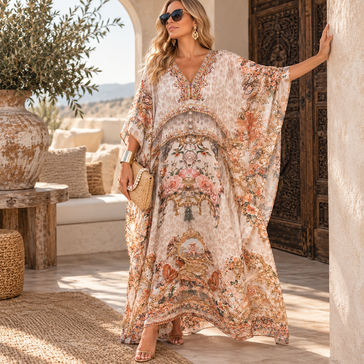 Blush Sera Maya Mix Silk Embellished Bling Kaftan.            Sizes Available AU 12-32