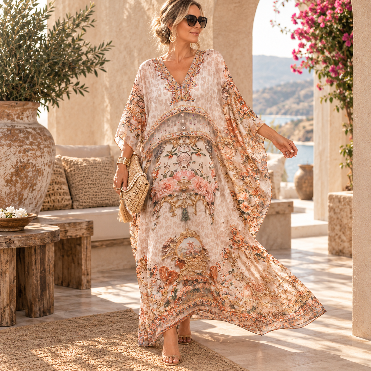 Blush Sera Maya Mix Silk Embellished Bling Kaftan.            Sizes Available AU 12-32