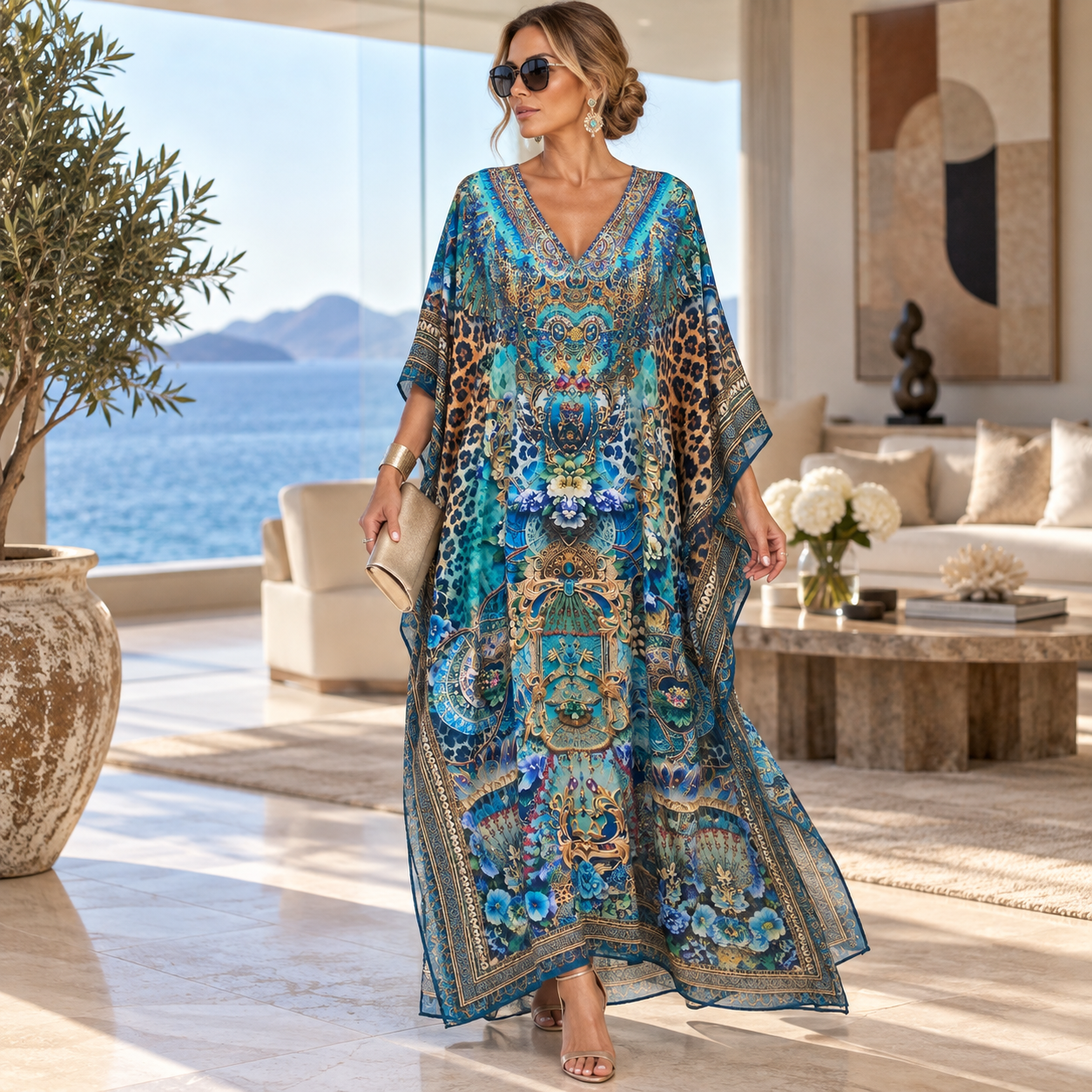 Azure Royale Maya Mix Silk Embellished Bling Kaftan.            Sizes Available AU 12-32