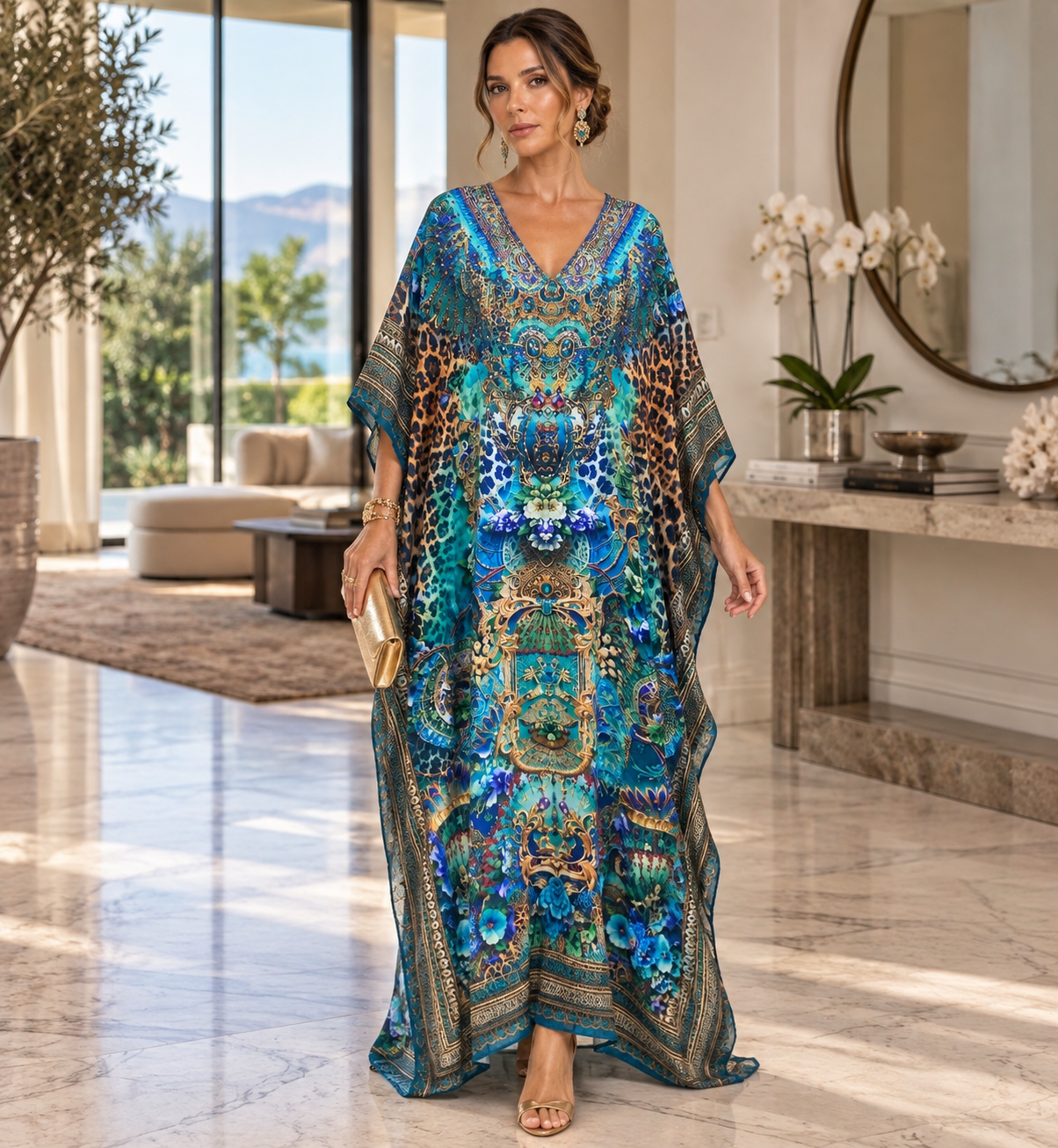 Azure Royale Maya Mix Silk Embellished Bling Kaftan.            Sizes Available AU 12-32