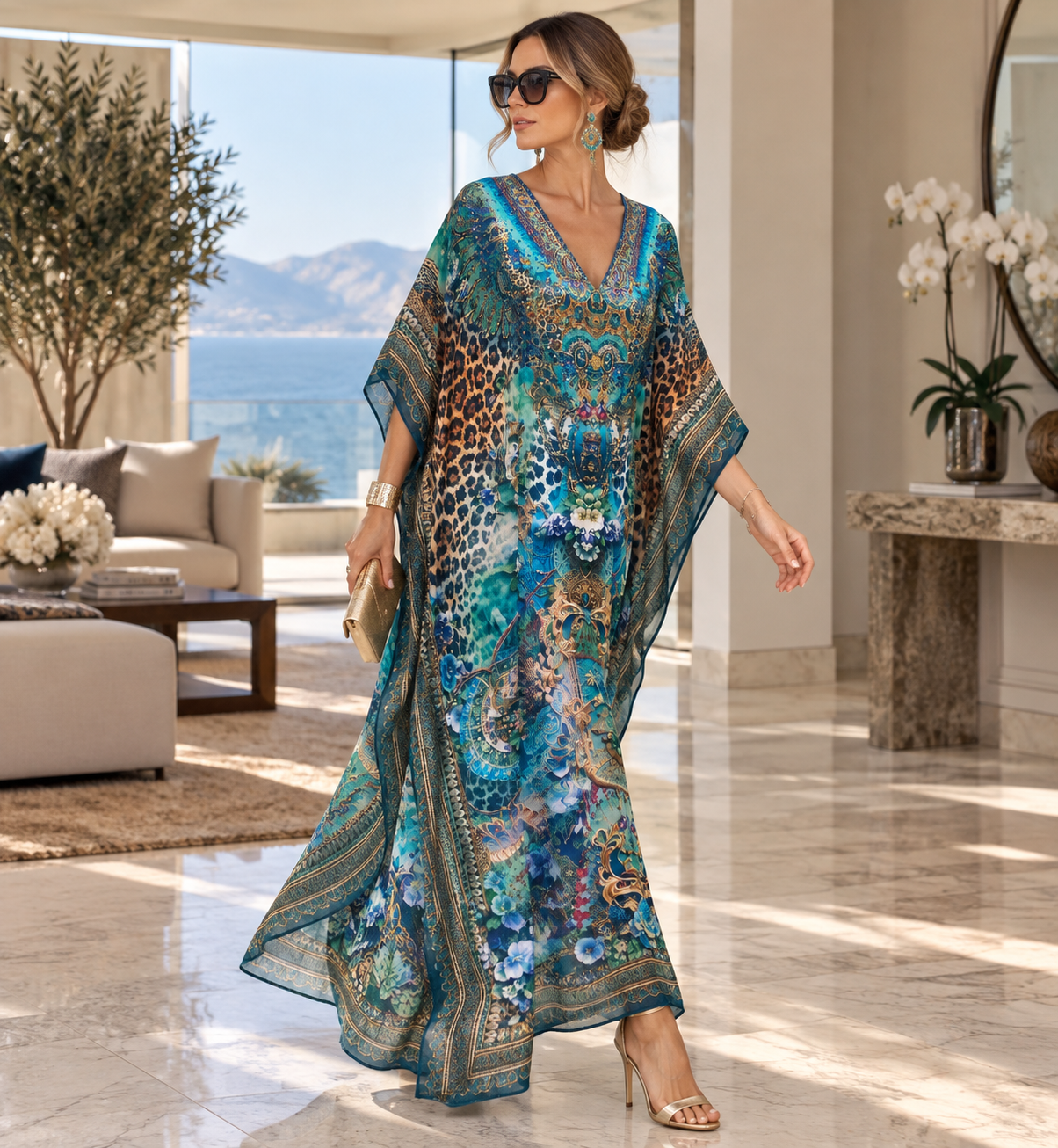 Azure Royale Maya Mix Silk Embellished Bling Kaftan.            Sizes Available AU 12-32