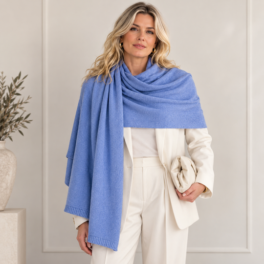 French Blue Julian 100% Cashmere Knitted 2 Ply  Extra large Travel Wrap/Shawl