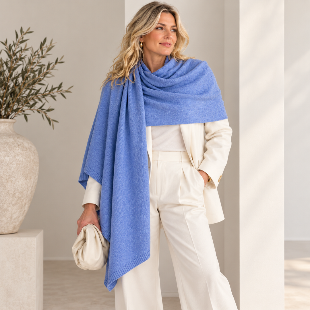French Blue Julian 100% Cashmere Knitted 2 Ply  Extra large Travel Wrap/Shawl