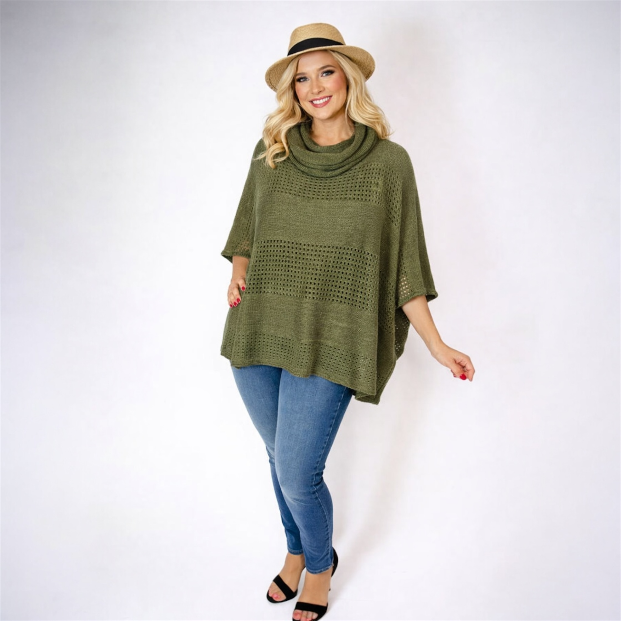 Maya Olive Knitted Cardigan Poncho One Size