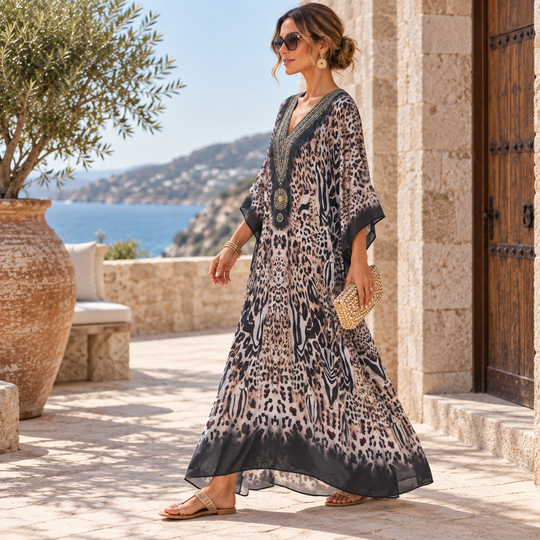 Black Zahara Maya Mix Silk Embellished Bling Kaftan.            Sizes Available AU 12-32