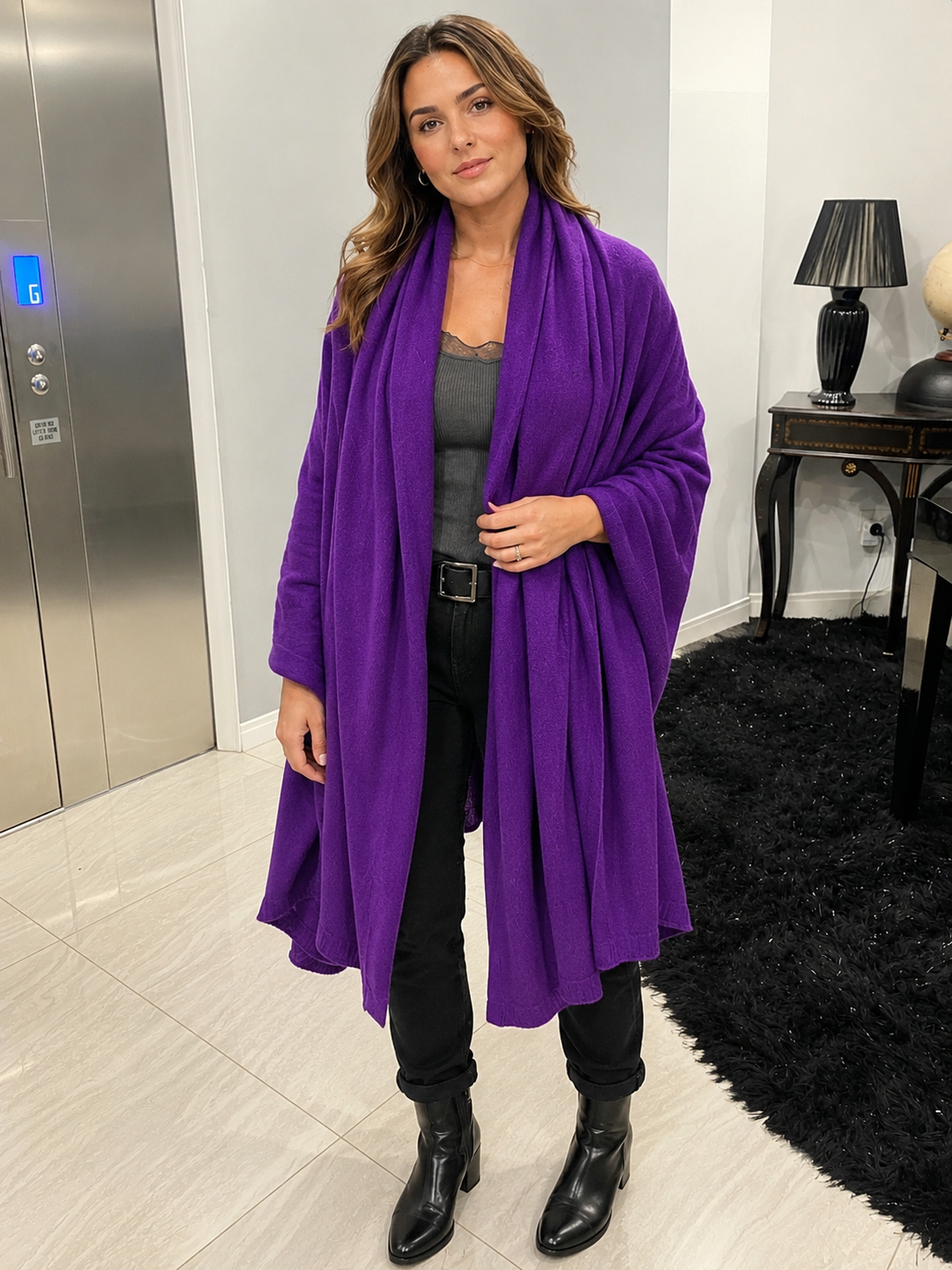100% Cashmere 2 ply Knitted Julian Oversized Wrap- Amethyst Purple