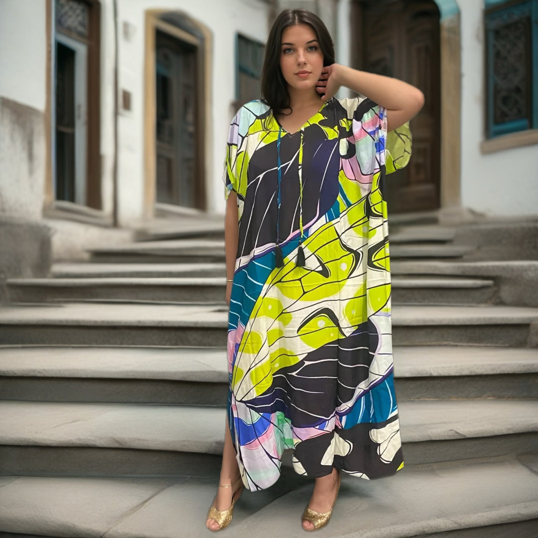 ASHA Cotton Rayon Cool Breezy Tropical Kaftan. Sizes Available AU 8-30