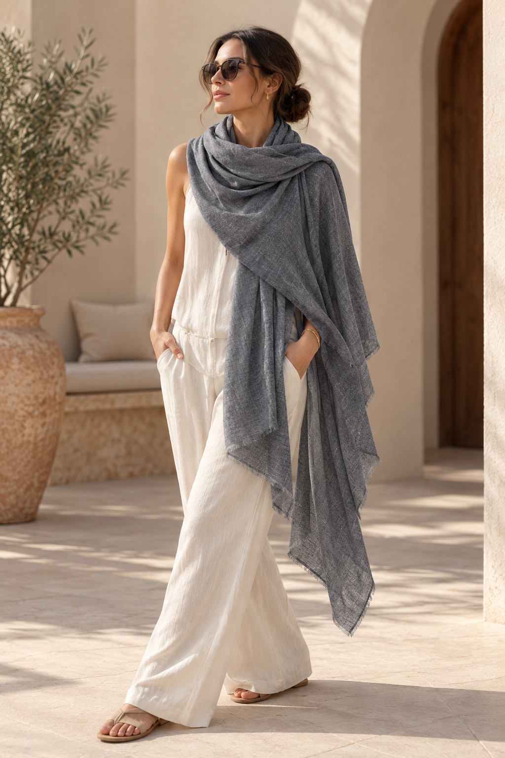 Julian Oversized handwoven pure cashmere scarf- Heather Grey