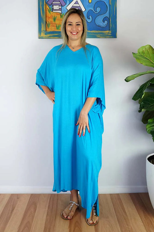 Turquoise Maya Rayon Kaftan Dress One Size 12-26