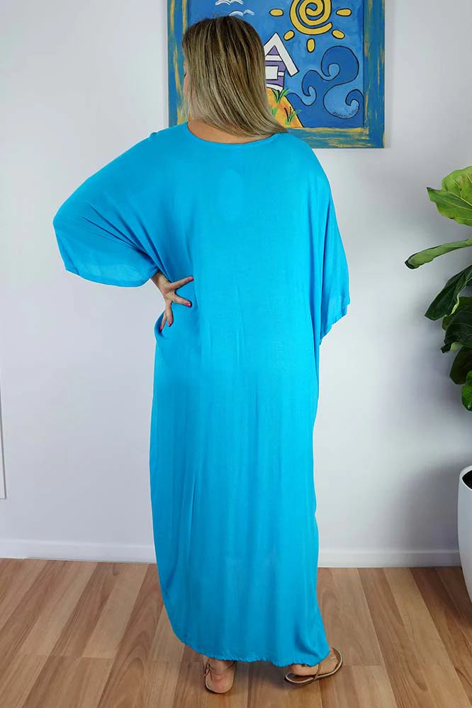 Turquoise Maya Rayon Kaftan Dress One Size 12-26