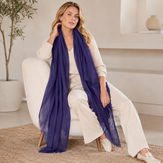 Julian Oversized handwoven pure cashmere scarf- Indigo Royal