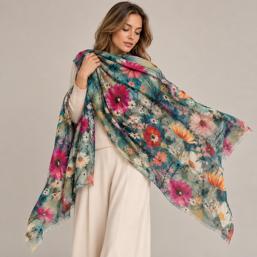 Mklane Cashmere Ultra fine Julian Wearable Art Scarf -Secret Garden