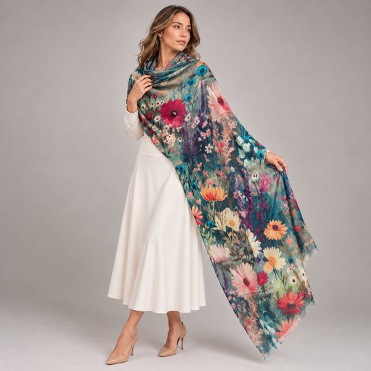 Mklane Cashmere Ultra fine Julian Wearable Art Scarf -Secret Garden