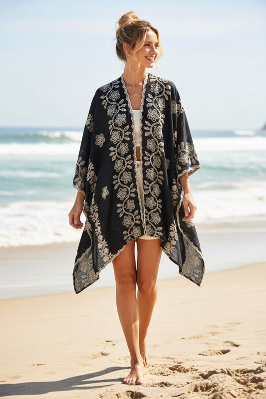 Black Embroidered Maya Coverup Kimono O/S 14-22