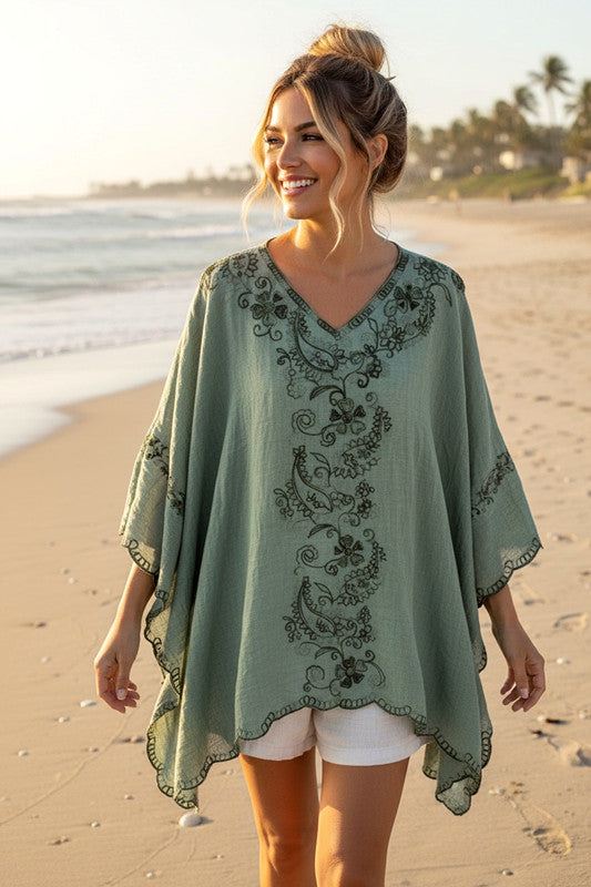 Green Embroidered Maya Top Tunic Kaftan O/S 14-22