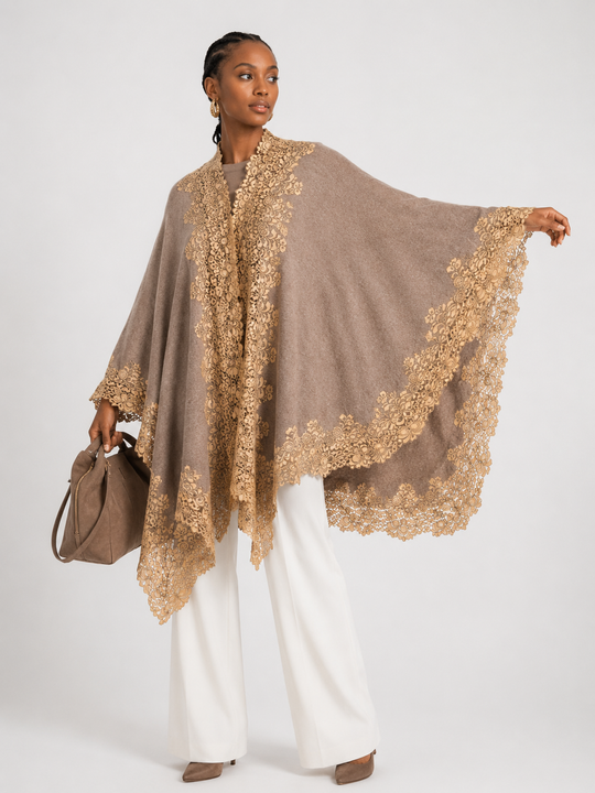 Taupe Brown Julian 100% Cashmere Oversized Knitted Cape with Lace
