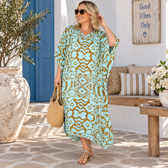 MAYA LONG KAFTAN - BLUE/TAUPE
