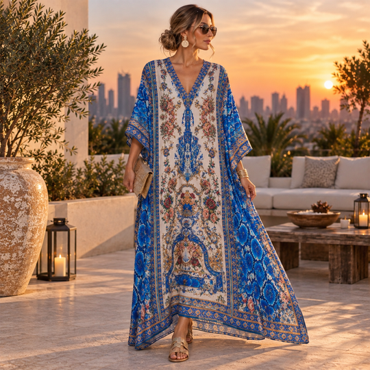 Mykonos Long Maya Mix Silk Embellished Bling Kaftan.            Sizes Available AU 12-32