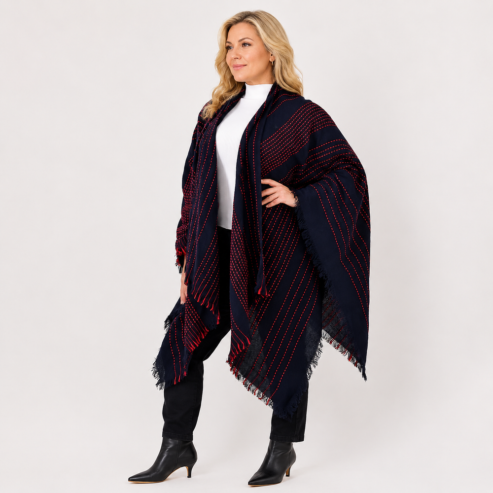 Navy Wrap Shawl – Boho Winter Poncho Shawl