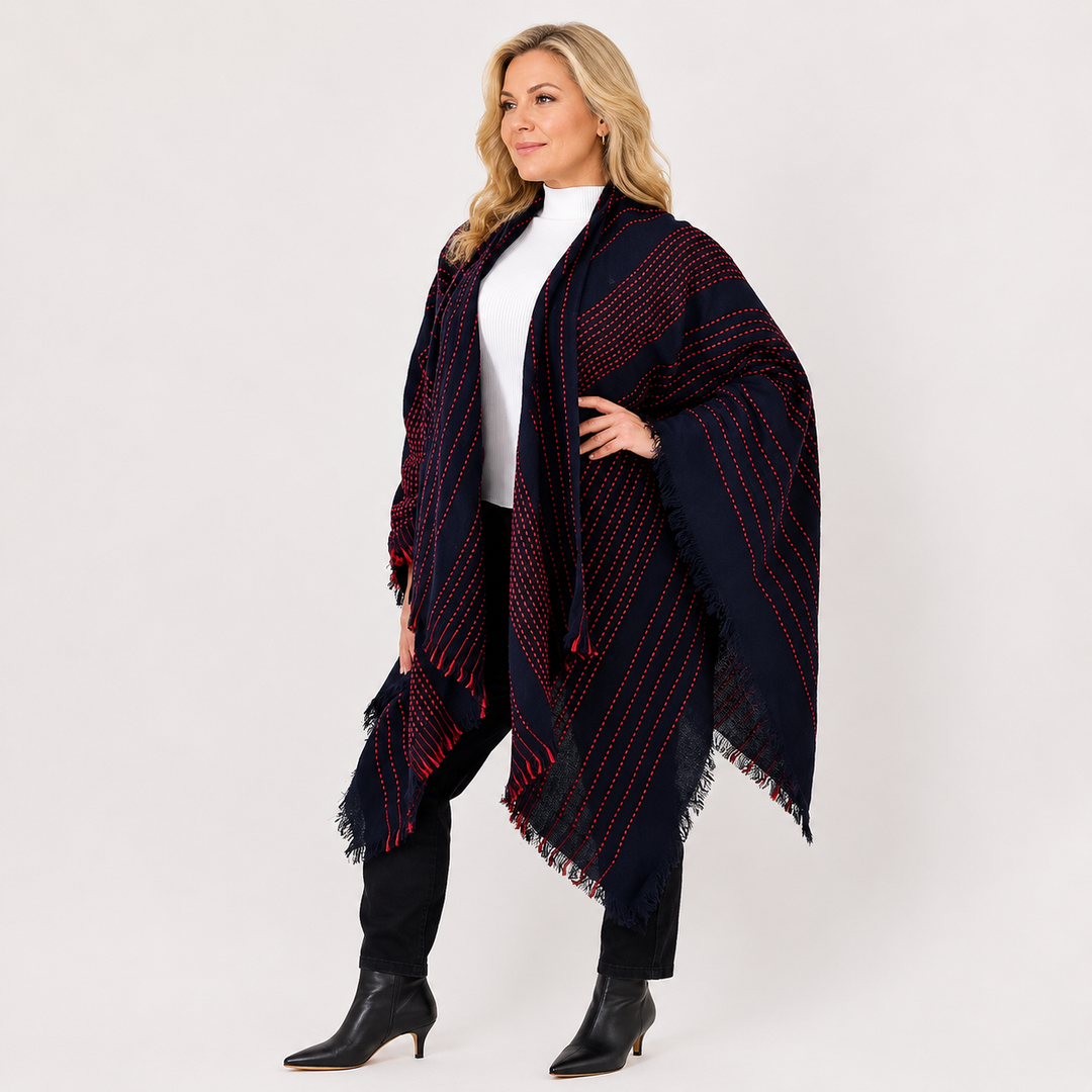 Navy Wrap Shawl – Boho Winter Poncho Shawl