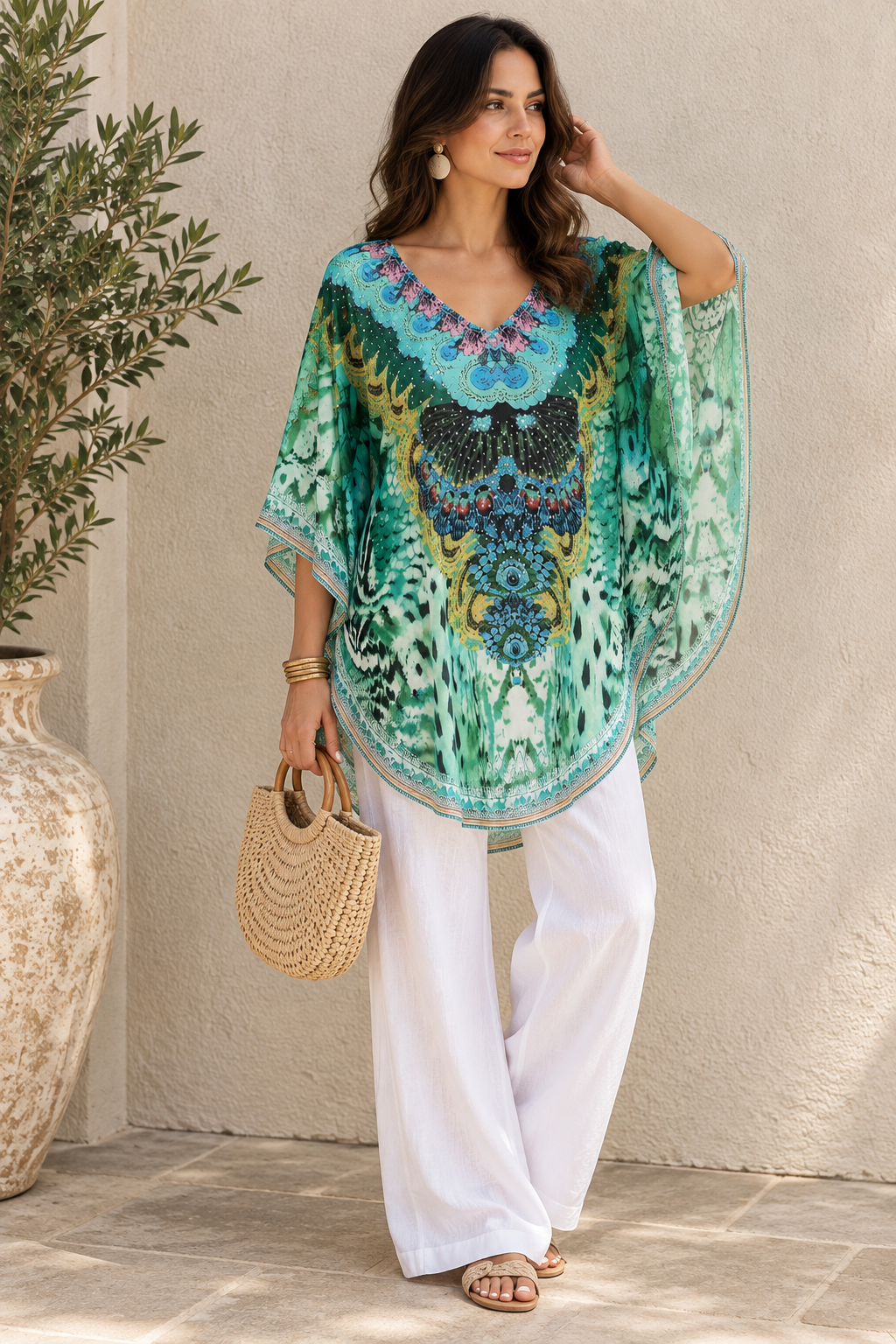 Kyra Relax Fit Bohemian Sheer Embellished  Kaftan Top One Size 10 to 20