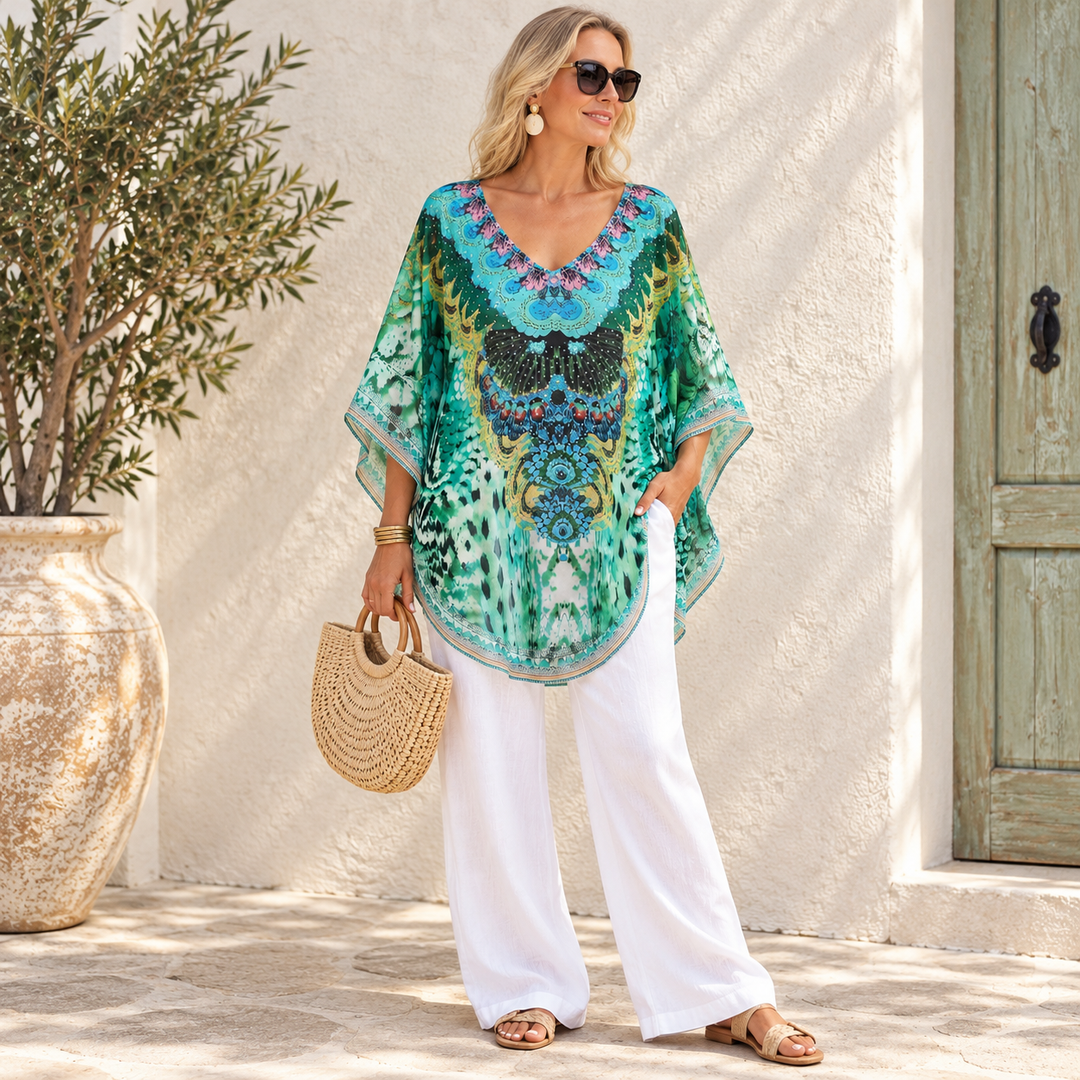 Kyra Relax Fit Bohemian Sheer Embellished  Kaftan Top One Size 10 to 20