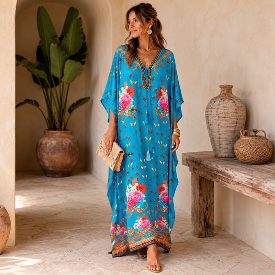 Azure Santorini Silk Coco bella Kaftan  O/S AU 12-22