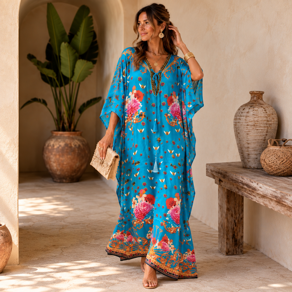 Azure Santorini Silk Coco bella Kaftan  O/S AU 12-22