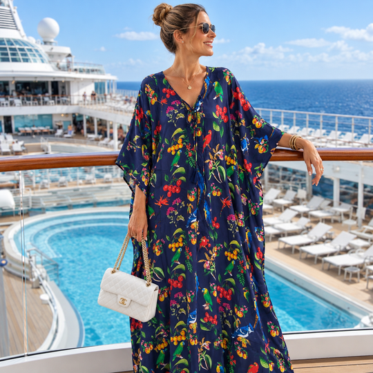 Paradise Navy Silk Coco bella Kaftan  O/S AU 12-22