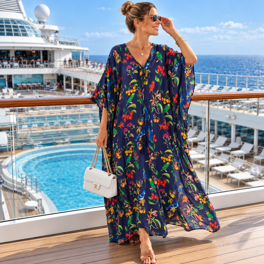 Paradise Navy Silk Coco bella Kaftan  O/S AU 12-22