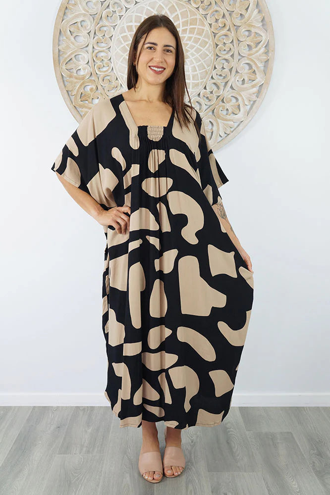 Maya Luxe Geo Abstract Black Kaftan Dress -One Size AU 10-30