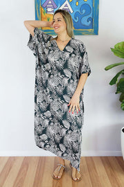 Maya Rayon Charcoal Long Kaftan "Palm Cove" 12-26